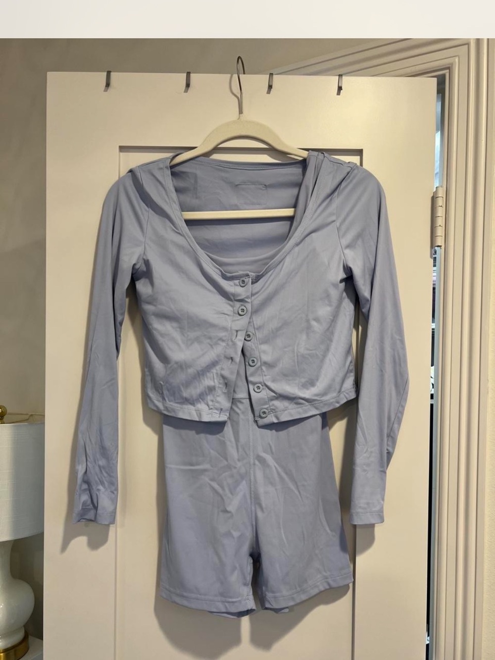 Daily Drills Light Blue Button-Front Cropped Jumpsuit Romper